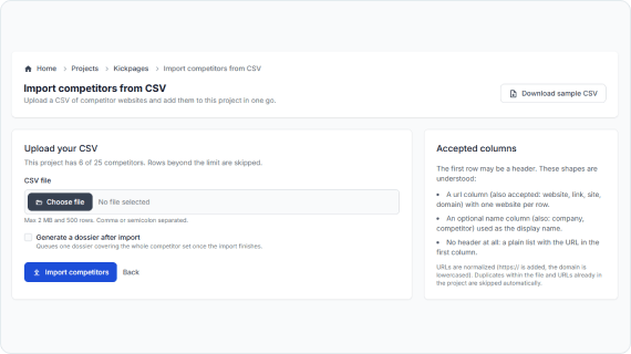 CSV competitor import screen